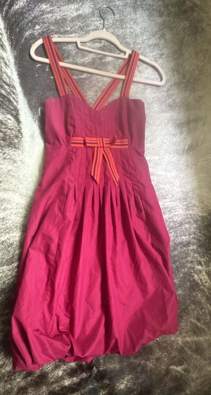 Stella Size US 4/ UK10 Magenta Pleated Midi Dress with Striped Bow Detail